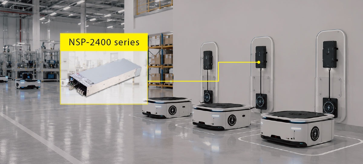Industrial warehouse with automated mobile robots and wall-mounted charging stations, highlighting the MEAN WELL NSP-2400 series power supply.